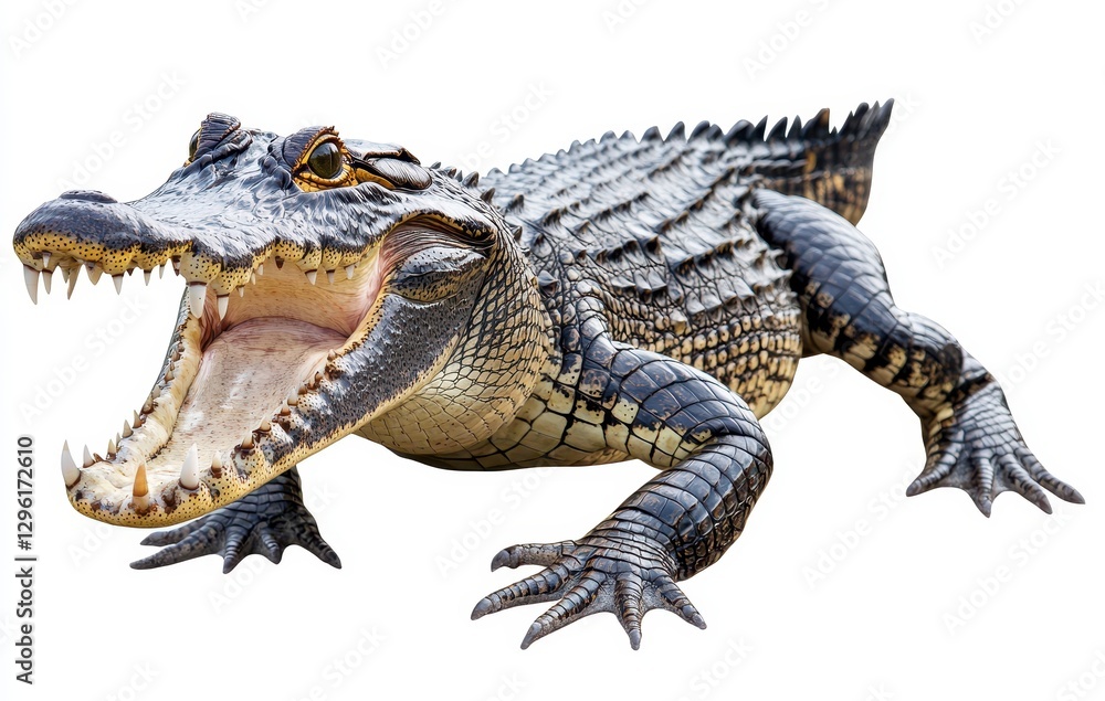 Poster realistic portrayal of a fierce alligator with an open mouth showcasing sharp teeth, set against a p