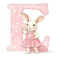 Adorable bunny in pink dress poses next to a polka-dotted letter E, creating a charming Easter-themed watercolor artwork.