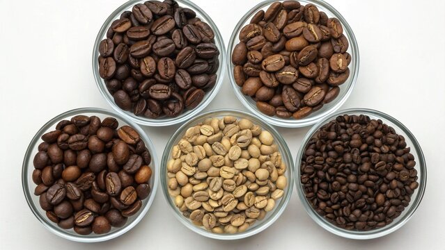 Coffee beans in four bowls arranged to showcase a gradient of roast levels, from lightest to darkest. Emphasizing the variety of coffee flavors and roasting styles. Highlighting roast level difference