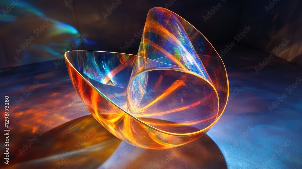 Poster vividly colored and iridescent glass sculpture with curved and angular forms, illuminated for a capt