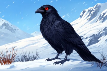 Fototapeta premium Black crow standing on a white background, high-resolution photography, realistic and detailed