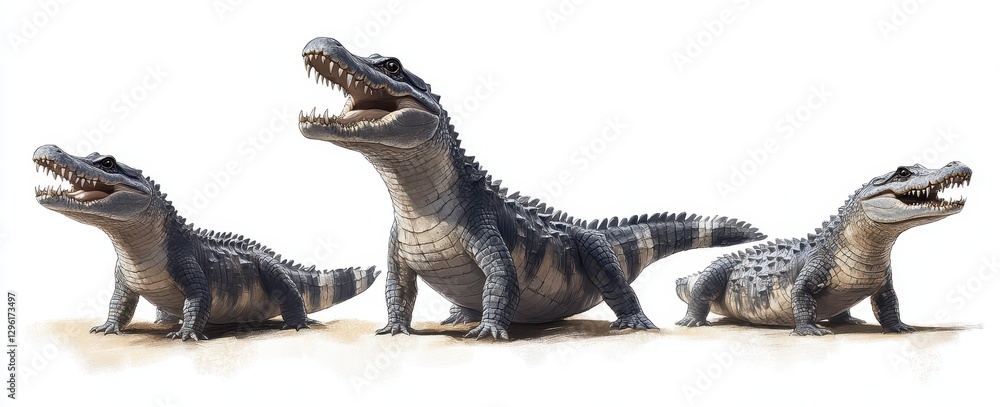 Poster realistic representation of ancient reptiles showcasing three different sizes of crocodiles with det