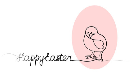 continuous drawing of Happy Easter, chicken and egg in one line.