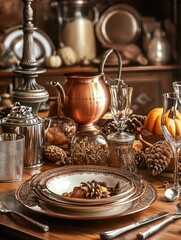 Traditional autumn dinner table setting with vintage plates, copper pots, and seasonal decorations. Includes gourmet meal of fruit and nuts, surrounded by warm holiday ambiance.