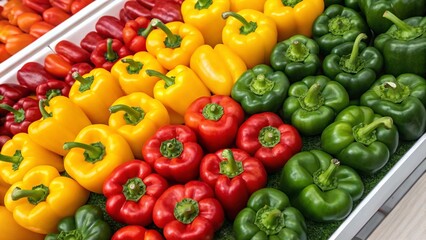 Bright and glossy bell peppers in various colors, displayed in an orderly fashion, emphasizing their visual appeal and culinary potential. Excellent for food photography portfolios and recipe websites