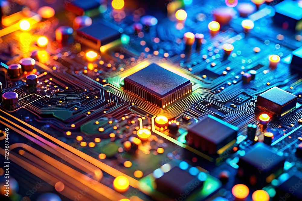 Aufkleber close-up bokeh shot of a circuit board with glowing components