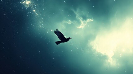 A bird soared through the azure sky, leaving a trail of shimmering stardust in its wake, as it embarked on an extraordinary journey, exploring the vast expanse of the universe.