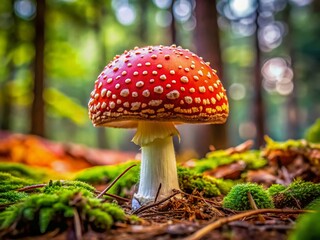 Close-up Detailed Macro Photography of a Single Wild Mushroom in Forest, Rule of Thirds Composition