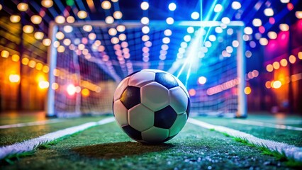 Fototapeta premium Close-up Football on Futsal Field Line, Bokeh Background, Sports Action Shot