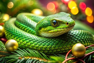 Fototapeta premium Close-up Green Snake, Festive New Year's Nature Photography