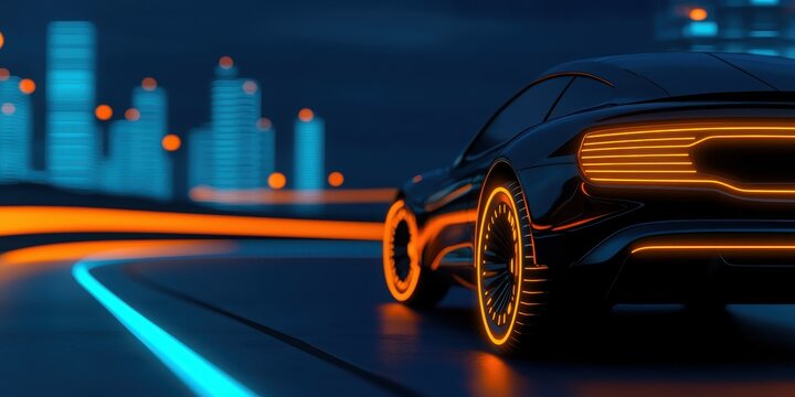 A sleek, futuristic car with glowing orange accents drives through a vibrant, illuminated cityscape at night, showcasing modern design and technology.