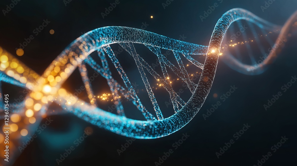Poster visualization of a dna double helix showcasing molecular structures with glowing elements in a dark 