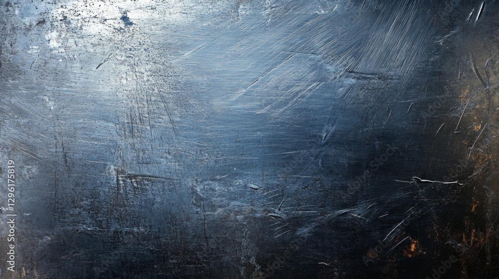 Poster a striking metallic surface displays a blend of cool tones, marked by deep scratches and an intricat