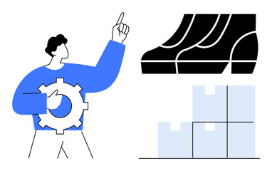 Man in blue shirt holding gear points upward towards a manufacturing machine and stacked boxes. Ideal for manufacturing, production process, workflow optimization, logistics, assembly line