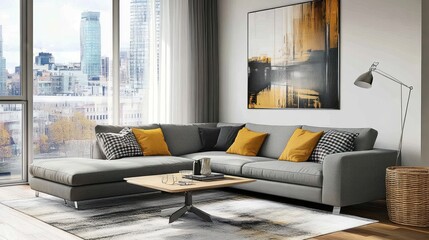 Modern Grey Sectional Sofa In Urban Apartment Living Room