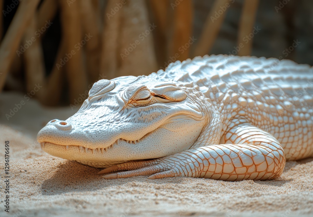 Poster serene albino alligator resting in natural habitat with unique texture and color patterns highlighti