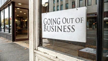 A storefront sign reads "Going Out of Business" indicating the closure of a business, with an urban background.