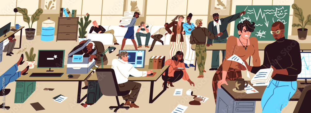 Poster chaos in office. problems with management, organization at work concept. unorganized workers, lazy e