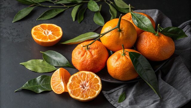 Close-up showcasing the texture of mandarins and leaves on a dark surface, emphasizing natural detail and vibrant citrus colors