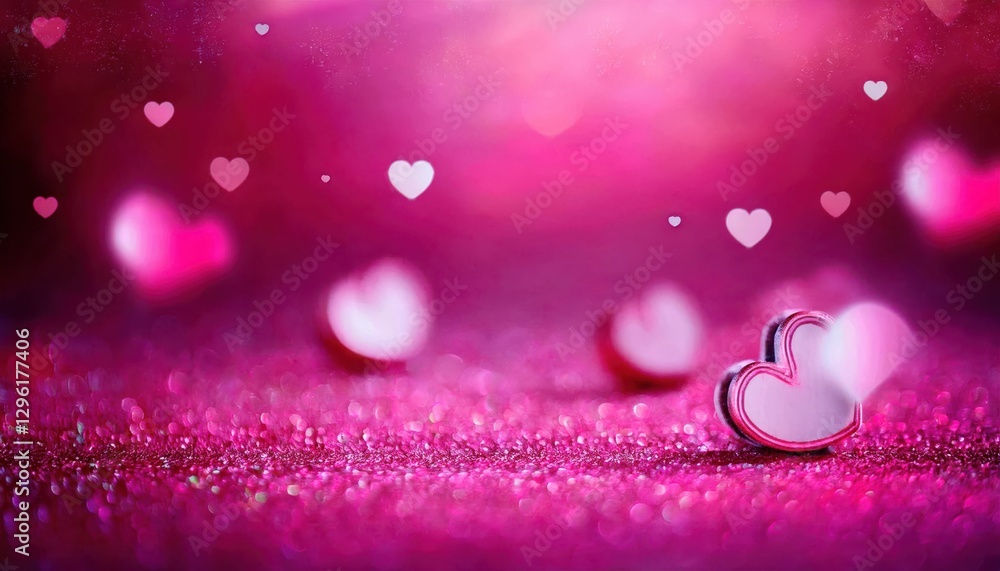 Aufkleber two glossy red heart shaped decorations on a sparkling pink surface with a dreamy bokeh background o