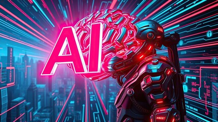 A metallic brain glowing in red and blue with the letters "AI." A cyber space with emphasized perspective and converging speed lines