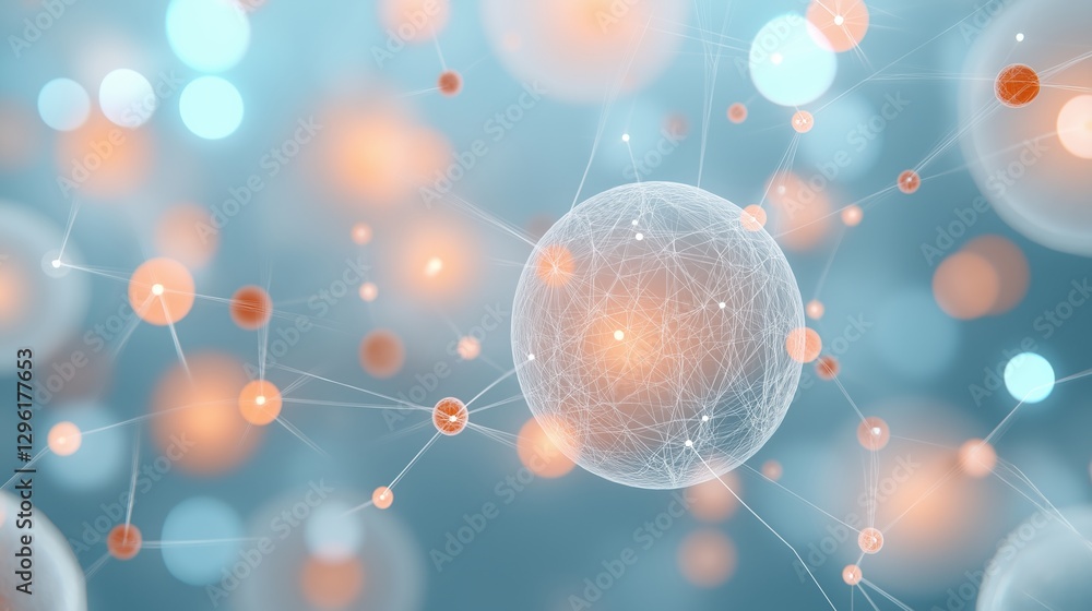 Poster colorful abstract representation of interconnected spheres and nodes illustrating scientific concept