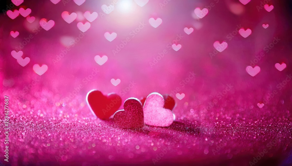 Poster two glossy red heart shaped decorations on a sparkling pink surface with a dreamy bokeh background of floating soft white hearts

