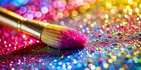 Fototapeta premium Close-up of Glitter Nail Polish on Paintbrush - Pink, Yellow, Blue Bokeh