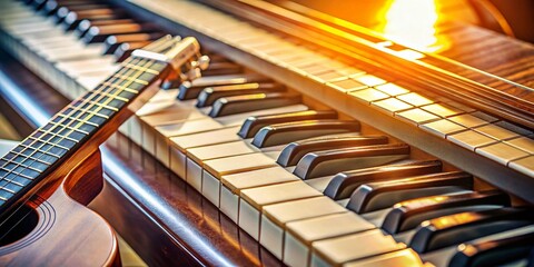 Close-up of Guitar and Piano Keys, Musical Instrument Detail, Studio Shot