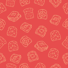 Toast background. Bread toast sketch seamless pattern on red background. Packaging, wrapper, banner, print, fabric