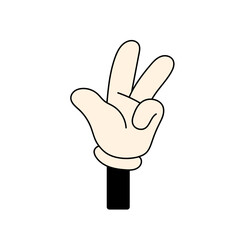 Groovy hand in glove of retro style shows peace gesture. Funky fingers in V sign of victory. Hippie aesthetics symbol. Vintage hippy sticker. Flat isolated vector illustration on white background