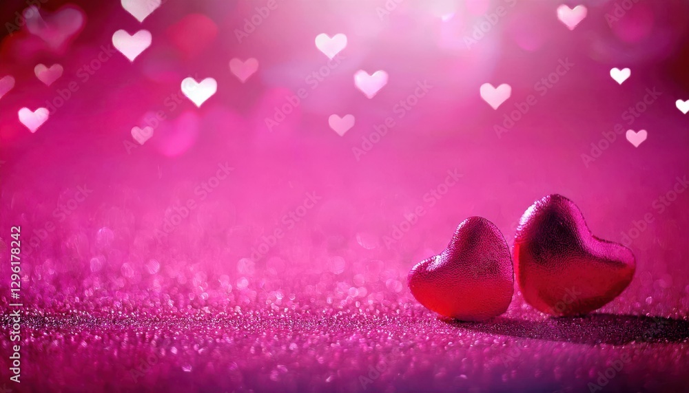 Aufkleber two glossy red heart shaped decorations on a sparkling pink surface with a dreamy bokeh background o