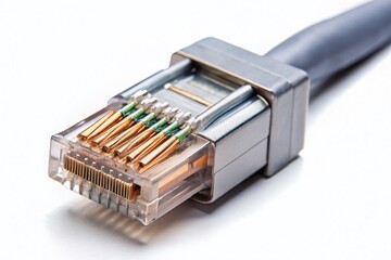 Close-up of RJ45 Ethernet Cable with Eight Copper Conductors on White Background - Internet Connection Concept