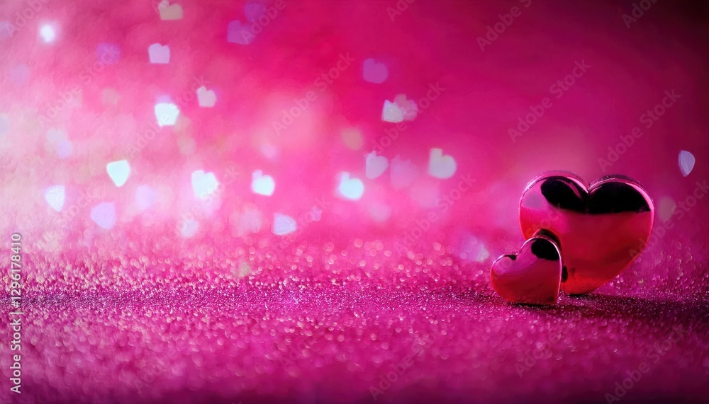 Poster two glossy red heart shaped decorations on a sparkling pink surface with a dreamy bokeh background of floating soft white hearts

