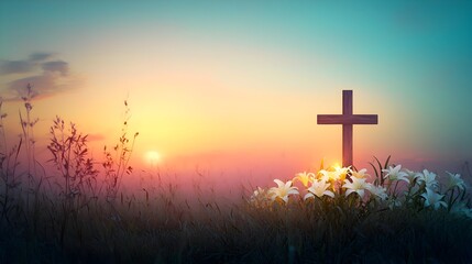Easter Sunrise_A Symbol of Hope and Renewal with a Serene Cross and Blooming White Lilies.