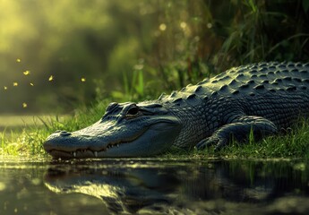 Fototapeta premium Serene Alligator Relaxing by the Water's Edge Underneath Golden Light with Soft Background and Reflections in the Calm Water Surface