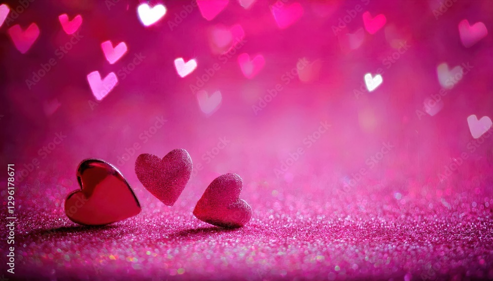 Aufkleber two glossy red heart shaped decorations on a sparkling pink surface with a dreamy bokeh background o
