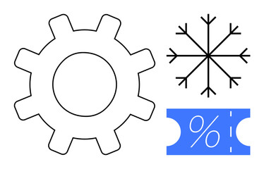 Gear, snowflake, and blue discount ticket with percentage sign. Ideal for season promotions, mechanical concepts, engineering efficiency, winter sales, discounts, precision marketing operational