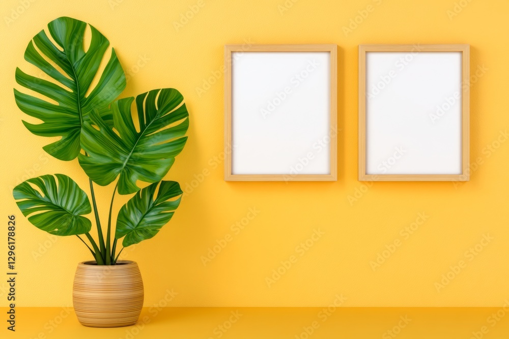 Poster four wooden picture frames with blank white canvases on a beige wall, a simple design in a minimalis