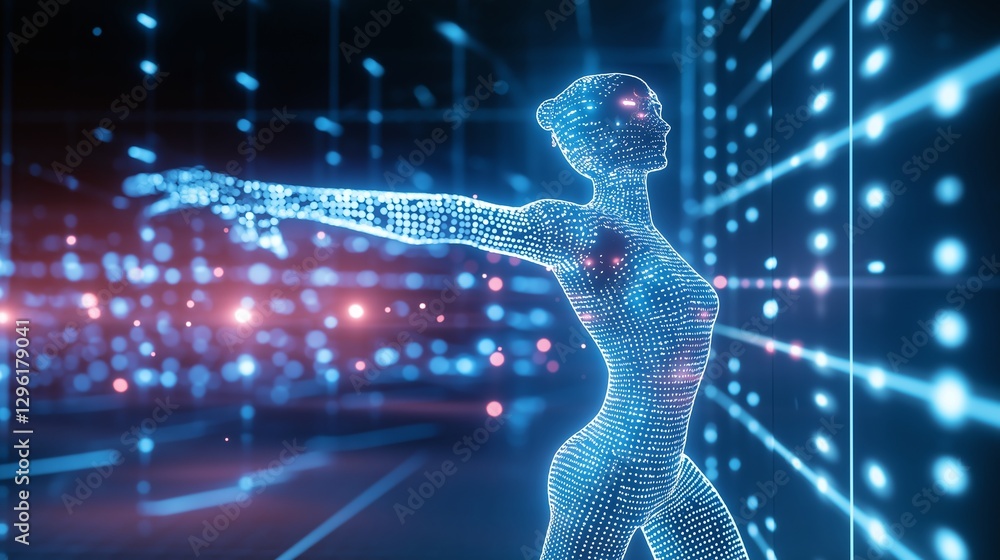 Poster digital silhouette of a person interacting with a futuristic environment filled with glowing points 