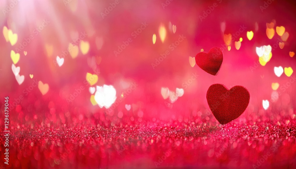 Aufkleber romantic red heart with sparkling glitter background, soft pink bokeh lights and floating glowing he