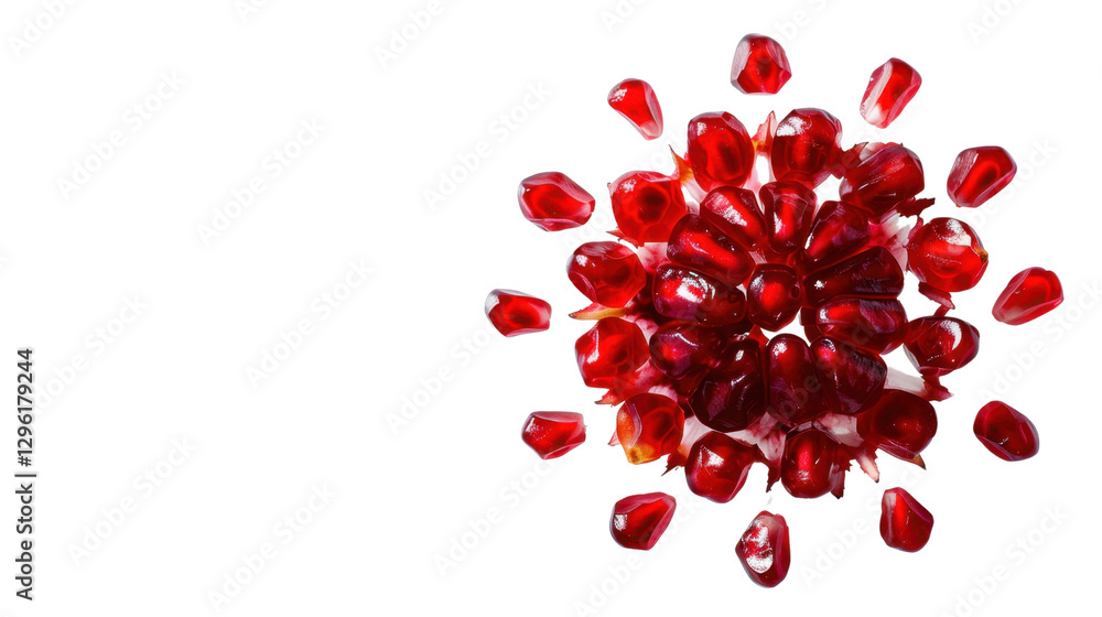Poster ripe pomegranate seeds exploding on transparent background