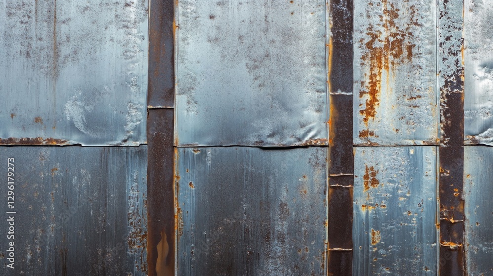 Poster Weathered metal panels display an array of textures and colors, showcasing rust and patina that tell a story of time and environmental effects in an urban setting