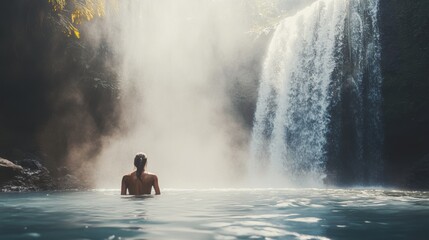 Obraz premium Hidden summer destination with a secret waterfall in a lush tropical jungle offering a refreshing dip in crystal clear waters