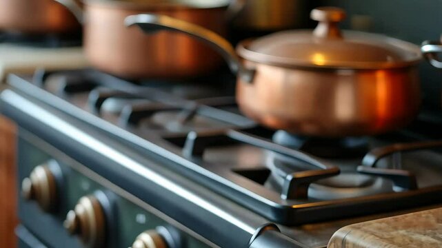 Rustic kitchen scene with copper pots and enamel mug on stove