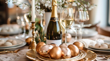 A luxurious Easter party with elegant golden egg decor and champagne 