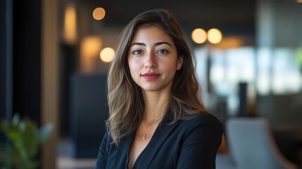 A woman exuding confidence and determination, her gaze unwavering as she locks eyes with the camera, her professional attire reflecting her sharp mind and ambition in a modern office setting.