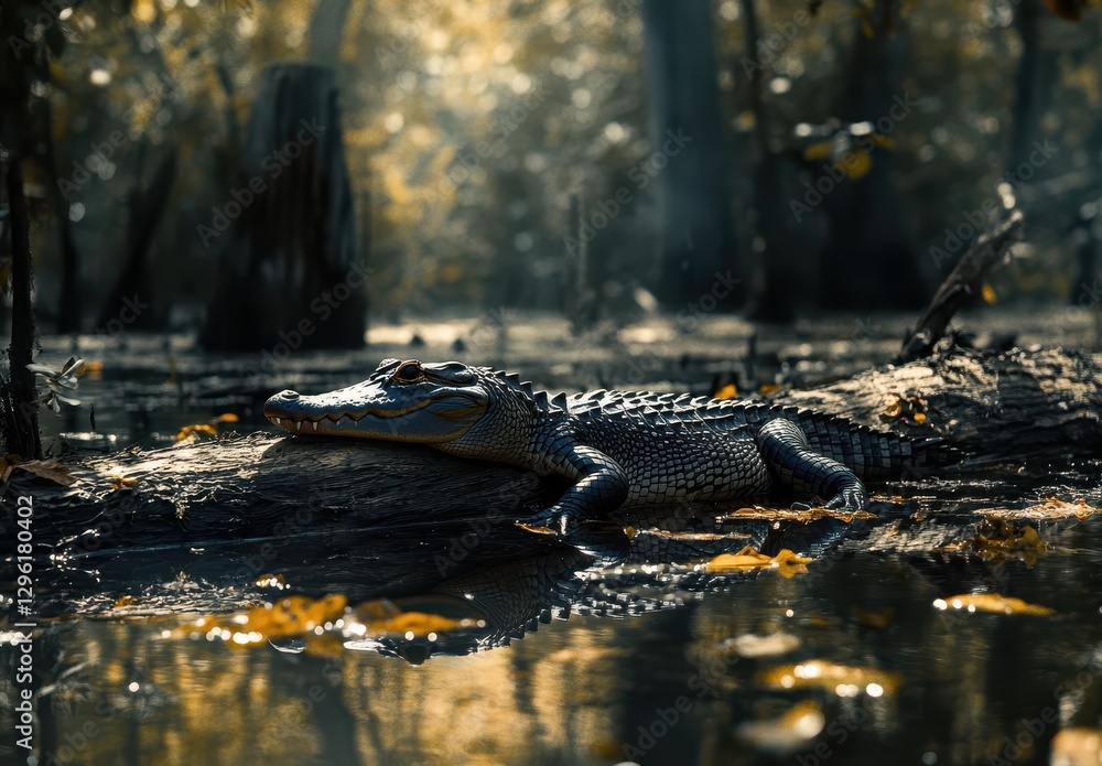 Aufkleber serene alligator resting on moss-covered log amidst calming marsh with sunlight filtering through lu