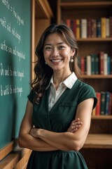 Confident female teacher in white shirt and green dress smiling with arms crossed in front of literary text on classroom blackboard