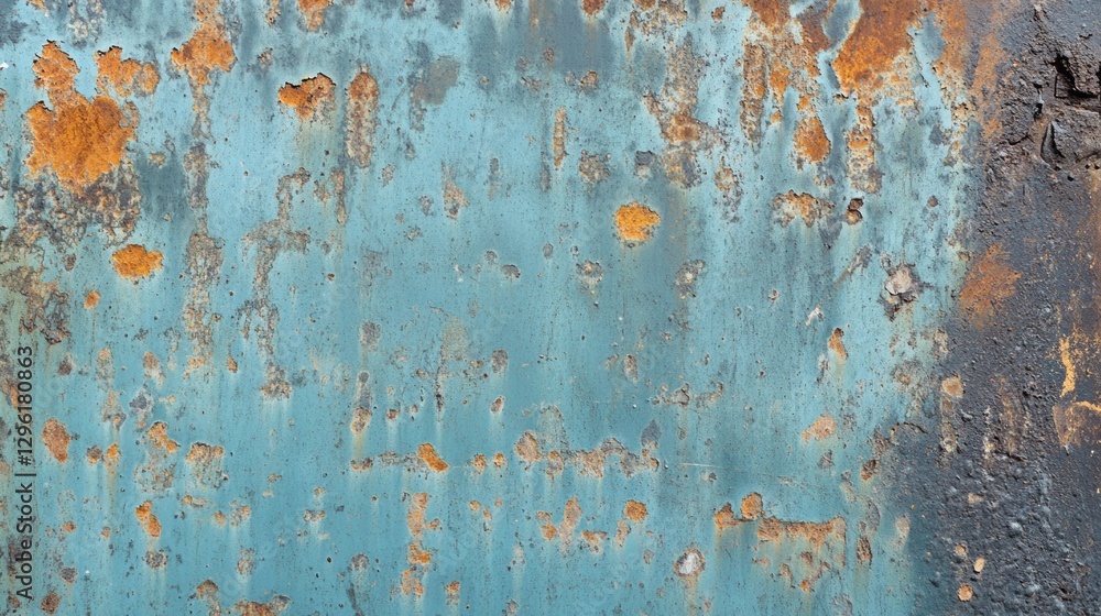 Poster a weathered blue metal surface showcases unique rust patterns, with hints of orange and gray. this s